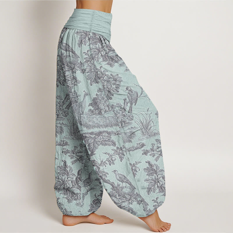 Pantalon sarouel en pur coton avec motif de Buddha Stones, oiseaux, arbres et branches pour femme, taille élastique