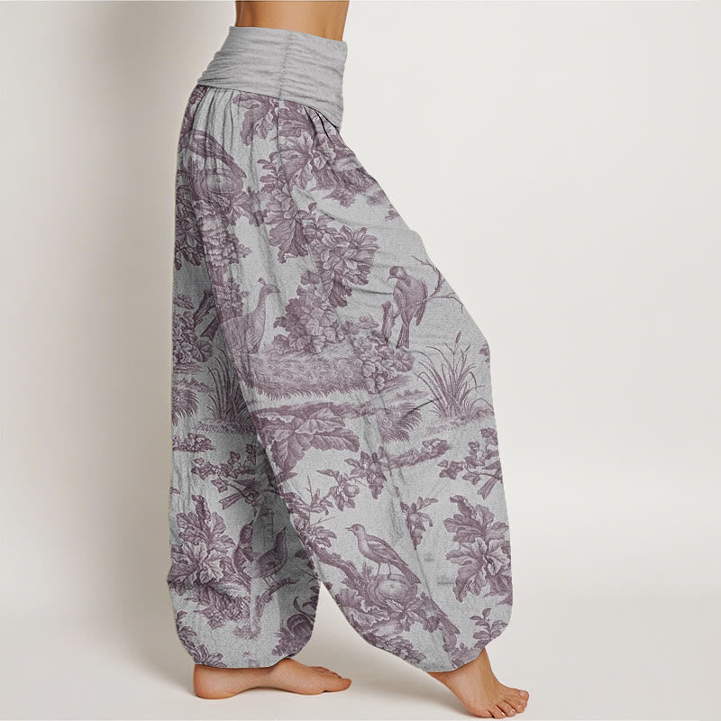 Pantalon sarouel en pur coton avec motif de Buddha Stones, oiseaux, arbres et branches pour femme, taille élastique