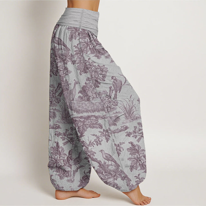 Pantalon sarouel en pur coton avec motif de Buddha Stones, oiseaux, arbres et branches pour femme, taille élastique