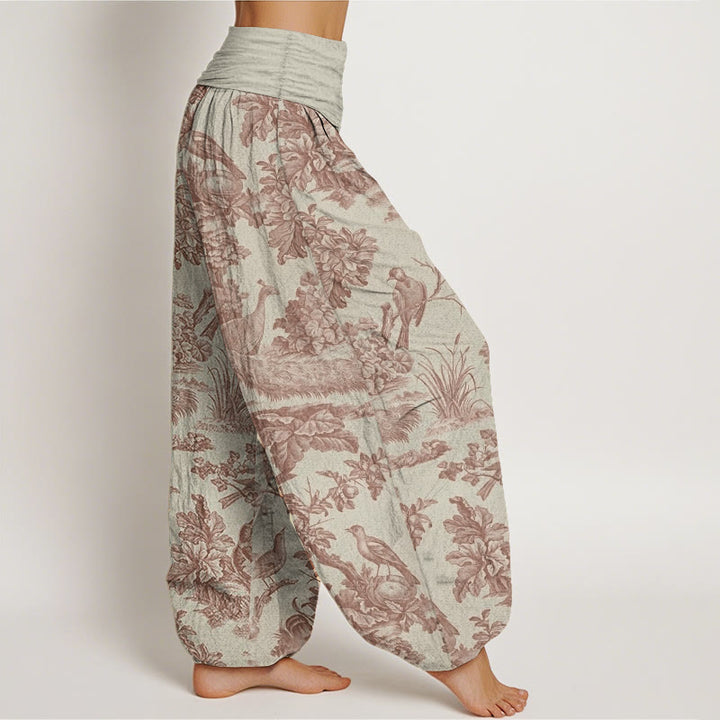 Pantalon sarouel en pur coton avec motif de Buddha Stones, oiseaux, arbres et branches pour femme, taille élastique