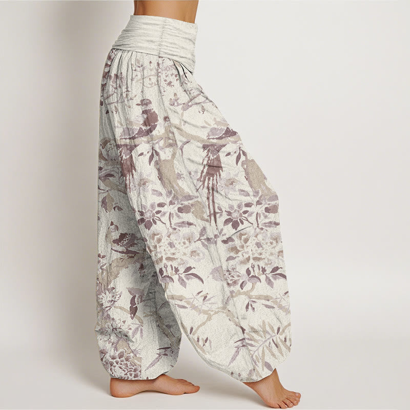 Pantalon Buddha Stones taille élastique pour femme, en pur coton, motif oiseaux, branches et fleurs