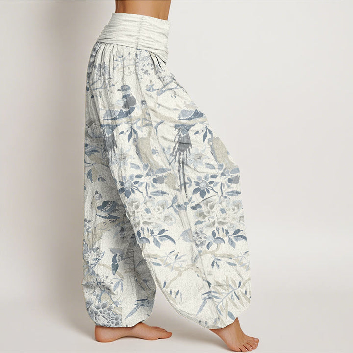 Pantalon Buddha Stones taille élastique pour femme, en pur coton, motif oiseaux, branches et fleurs
