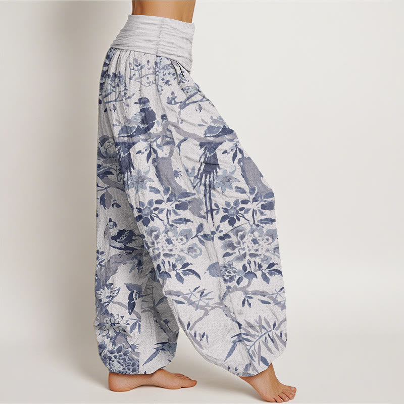 Pantalon Buddha Stones taille élastique pour femme, en pur coton, motif oiseaux, branches et fleurs