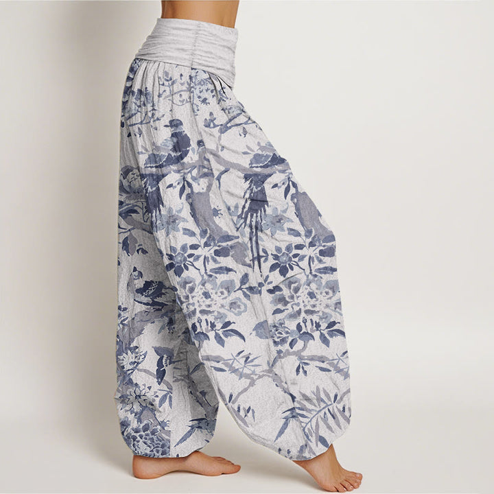 Pantalon Buddha Stones taille élastique pour femme, en pur coton, motif oiseaux, branches et fleurs
