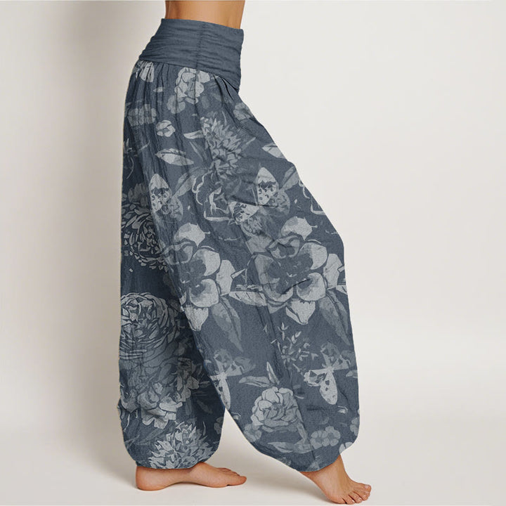 Pantalon Buddha Stones décontracté en pur coton avec motif de fleurs de pivoine et de feuilles pour femme, taille élastique