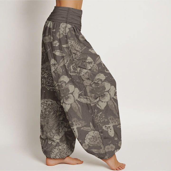 Pantalon Buddha Stones décontracté en pur coton avec motif de fleurs de pivoine et de feuilles pour femme, taille élastique