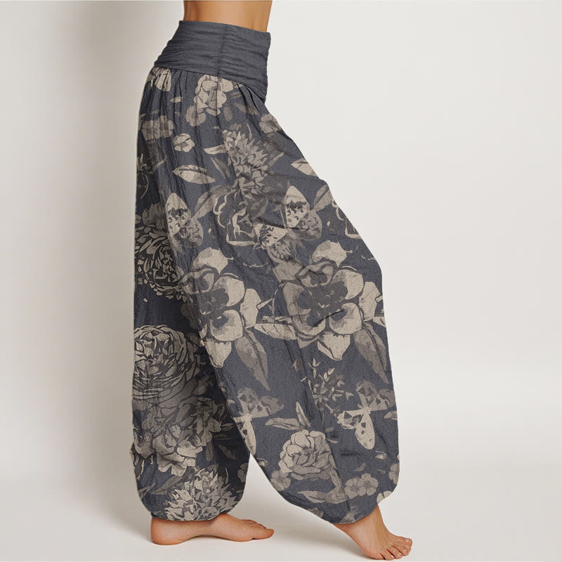 Pantalon Buddha Stones décontracté en pur coton avec motif de fleurs de pivoine et de feuilles pour femme, taille élastique - image 2