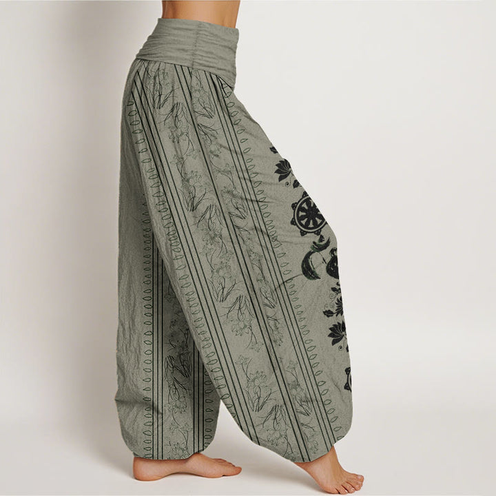 Pantalon sarouel à taille élastique pour femme, motif Buddha Stones, roue du Dharma, lotus OM, pur coton