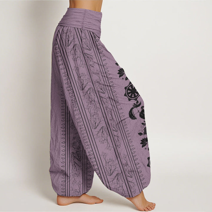Pantalon sarouel à taille élastique pour femme, motif Buddha Stones, roue du Dharma, lotus OM, pur coton