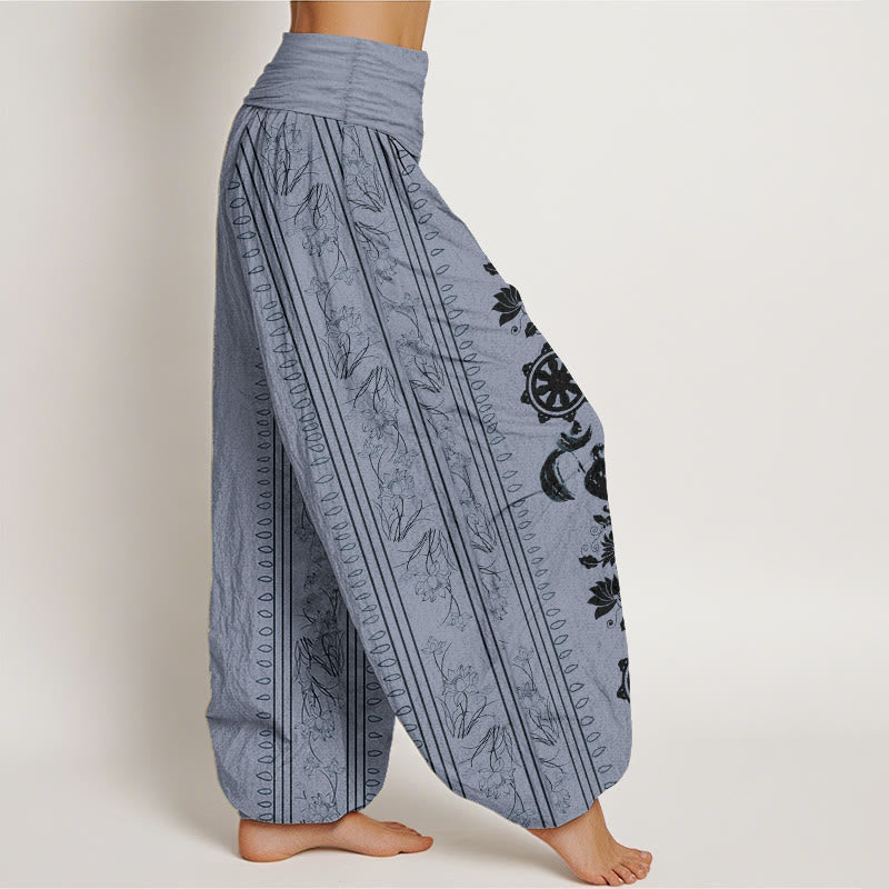 Pantalon sarouel à taille élastique pour femme, motif Buddha Stones, roue du Dharma, lotus OM, pur coton