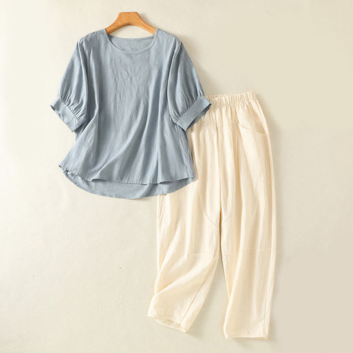 Ensemble 2 pièces pour femme, chemise à manches courtes et pantalon sarouel, motif Buddha Stones , vêtements de méditation - Bleu ciel clair - US8-10，UK/AU12-14，EU40-42 (2XL) - image 1