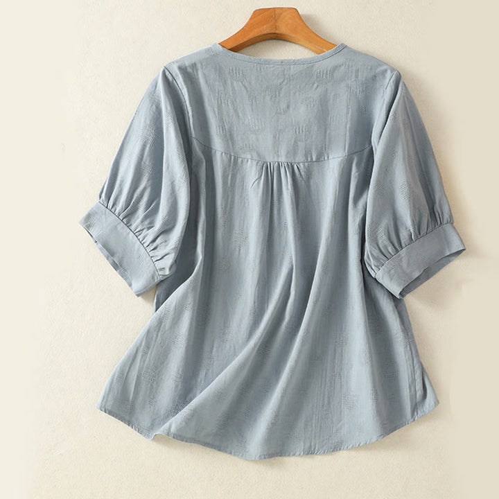 Ensemble de vêtements de méditation Buddha Stones 2 pièces pour femme : chemise à manches courtes unie et pantalon harem. - image 2