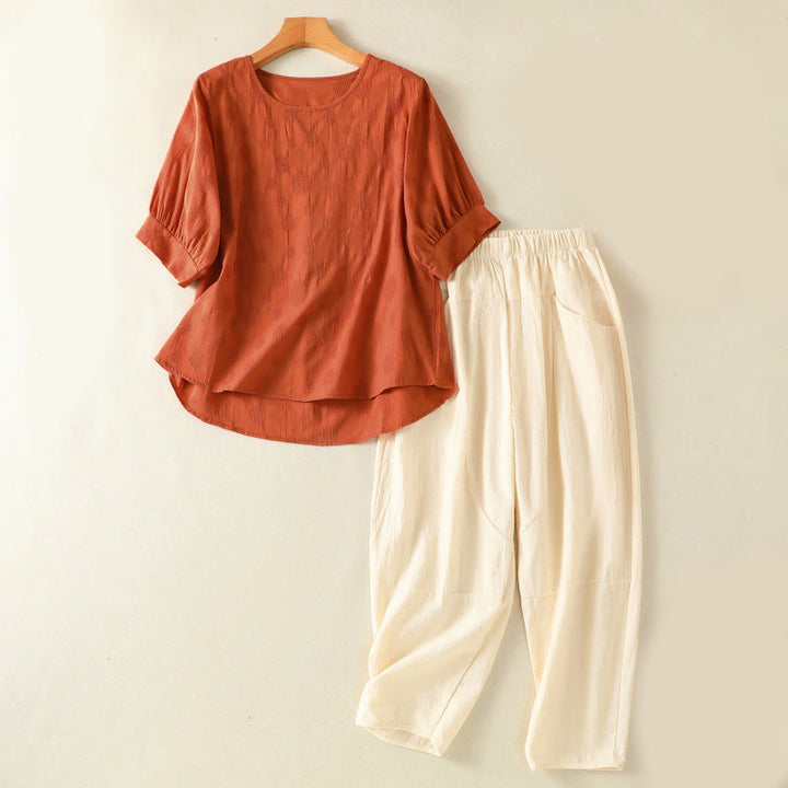 Ensemble de vêtements de méditation Buddha Stones 2 pièces pour femme : chemise à manches courtes unie et pantalon harem. - Chocolat - US8-10，UK/AU12-14，EU40-42 (2XL) - image 16