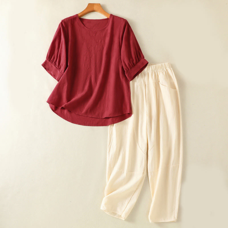 Ensemble de vêtements de méditation Buddha Stones 2 pièces pour femme : chemise à manches courtes unie et pantalon harem. - Brun - US8-10，UK/AU12-14，EU40-42 (2XL) - image 23