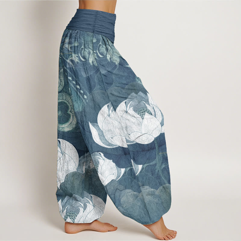 Pantalon sarouel décontracté en pur coton blanc avec motif de feuilles de lotus et Buddha Stones , taille élastique, pour femme