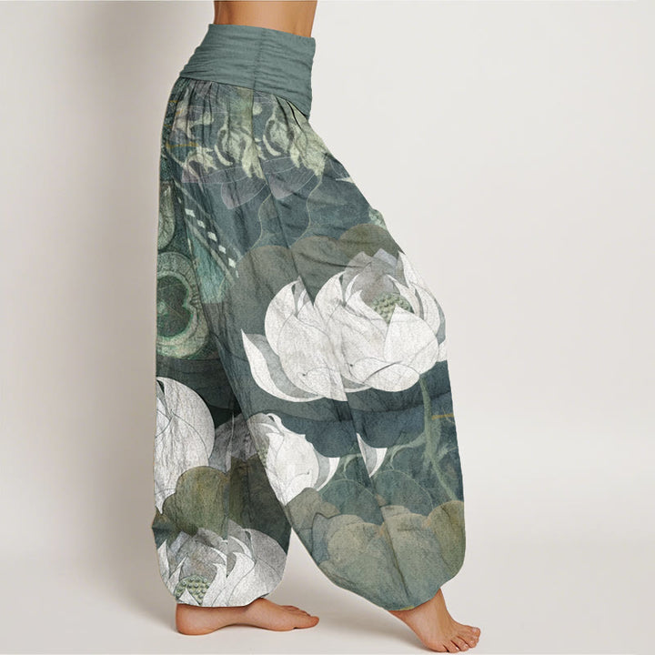 Pantalon sarouel décontracté en pur coton blanc avec motif de feuilles de lotus et Buddha Stones , taille élastique, pour femme