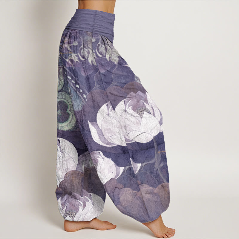 Pantalon sarouel décontracté en pur coton blanc avec motif de feuilles de lotus et Buddha Stones , taille élastique, pour femme