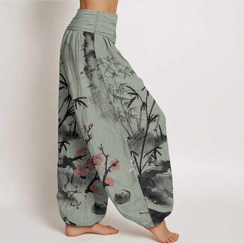 Pantalon sarouel taille élastique pour femme, motif Buddha Stones, pur coton, fleurs de prunier, bambou, orchidées, chrysanthèmes