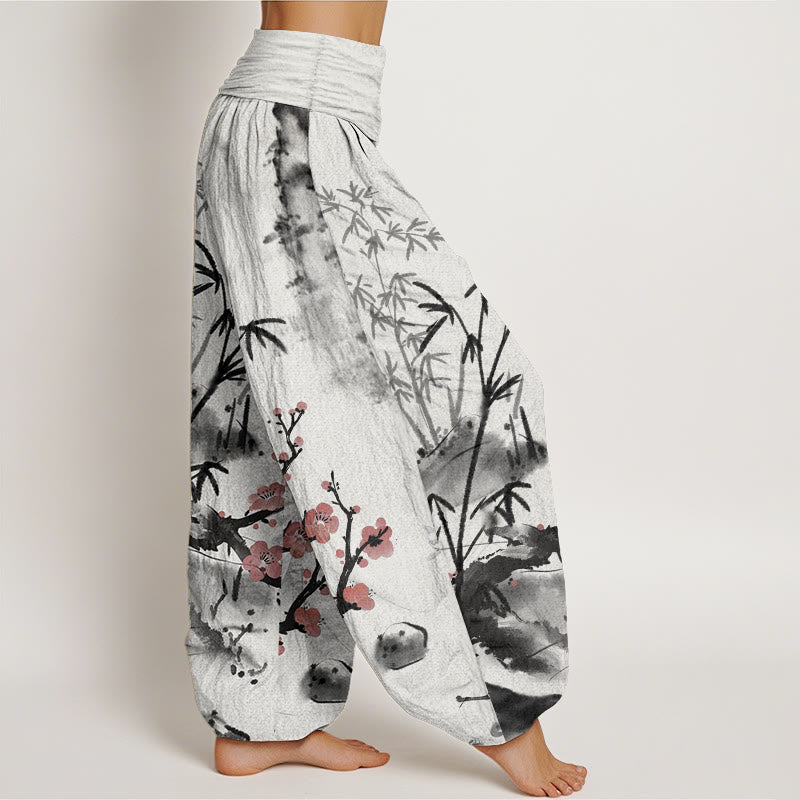 Pantalon sarouel taille élastique pour femme, motif Buddha Stones, pur coton, fleurs de prunier, bambou, orchidées, chrysanthèmes