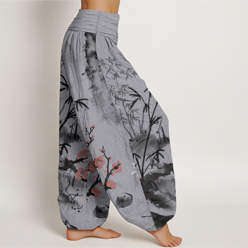 Pantalon sarouel taille élastique pour femme, motif Buddha Stones, pur coton, fleurs de prunier, bambou, orchidées, chrysanthèmes
