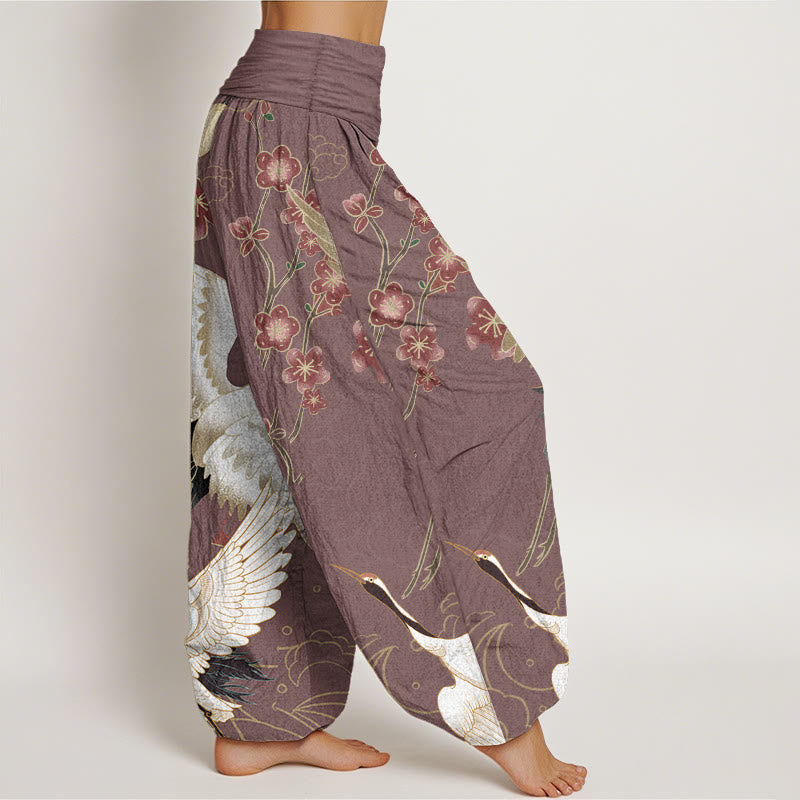 Pantalon sarouel taille élastique pour femme, motif Buddha Stones, grues, fleurs et nuages de bon augure