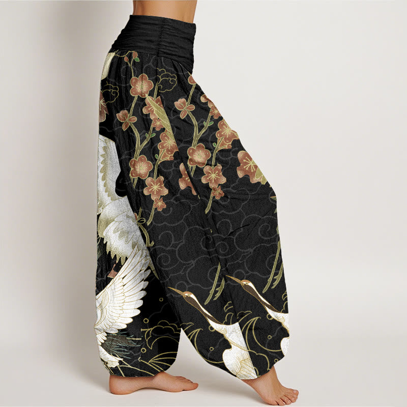 Pantalon sarouel taille élastique pour femme, motif Buddha Stones, grues, fleurs et nuages de bon augure