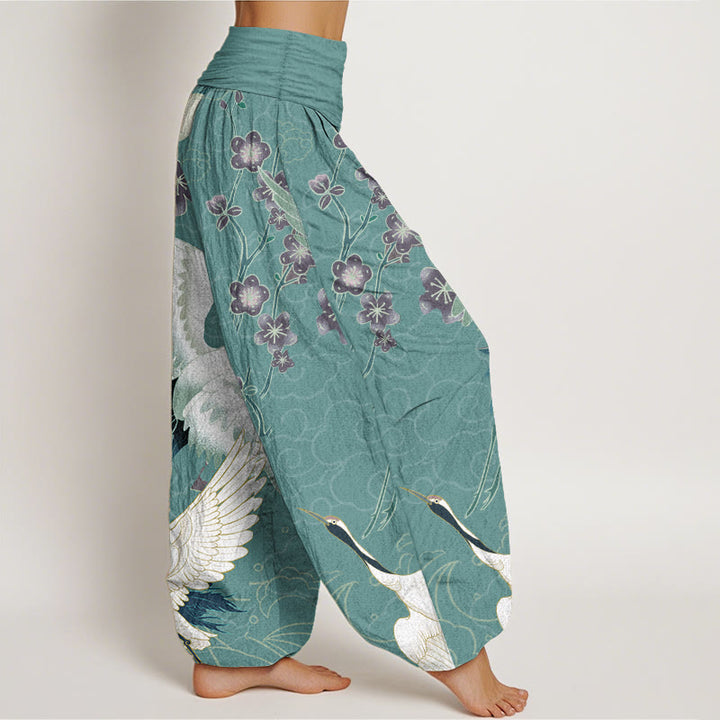 Pantalon sarouel taille élastique pour femme, motif Buddha Stones, grues, fleurs et nuages de bon augure