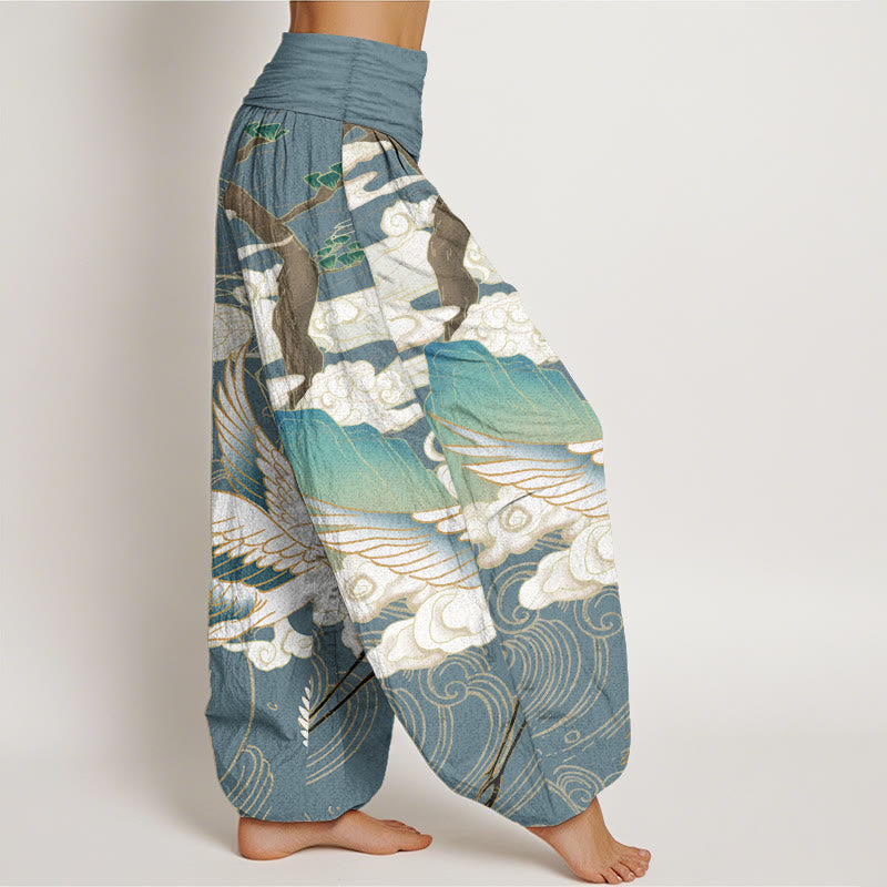 Pantalon sarouel taille élastique pour femme, motif Buddha Stones, grues volantes, nuages de bon augure, arbre