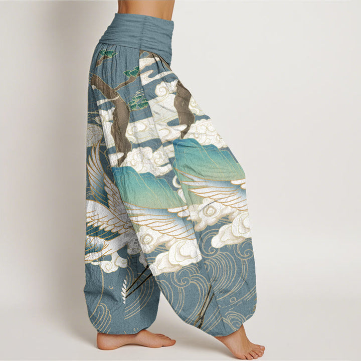Pantalon sarouel taille élastique pour femme, motif Buddha Stones, grues volantes, nuages de bon augure, arbre