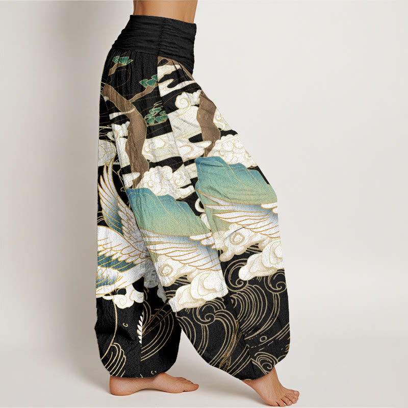 Pantalon sarouel taille élastique pour femme, motif Buddha Stones, grues volantes, nuages de bon augure, arbre