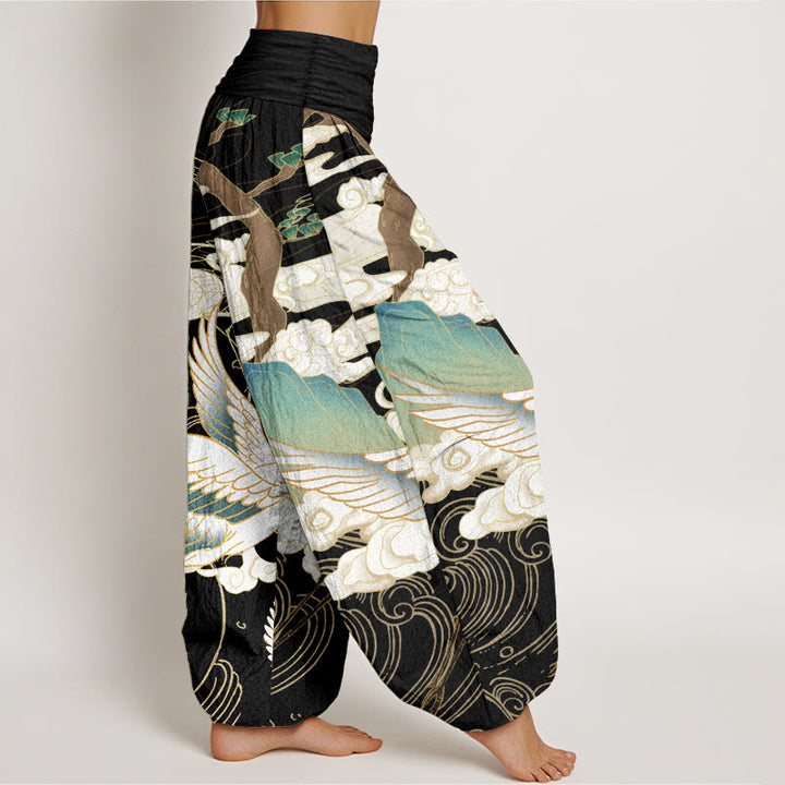 Pantalon sarouel taille élastique pour femme, motif Buddha Stones, grues volantes, nuages de bon augure, arbre