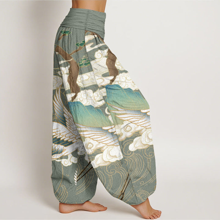 Pantalon sarouel taille élastique pour femme, motif Buddha Stones, grues volantes, nuages de bon augure, arbre