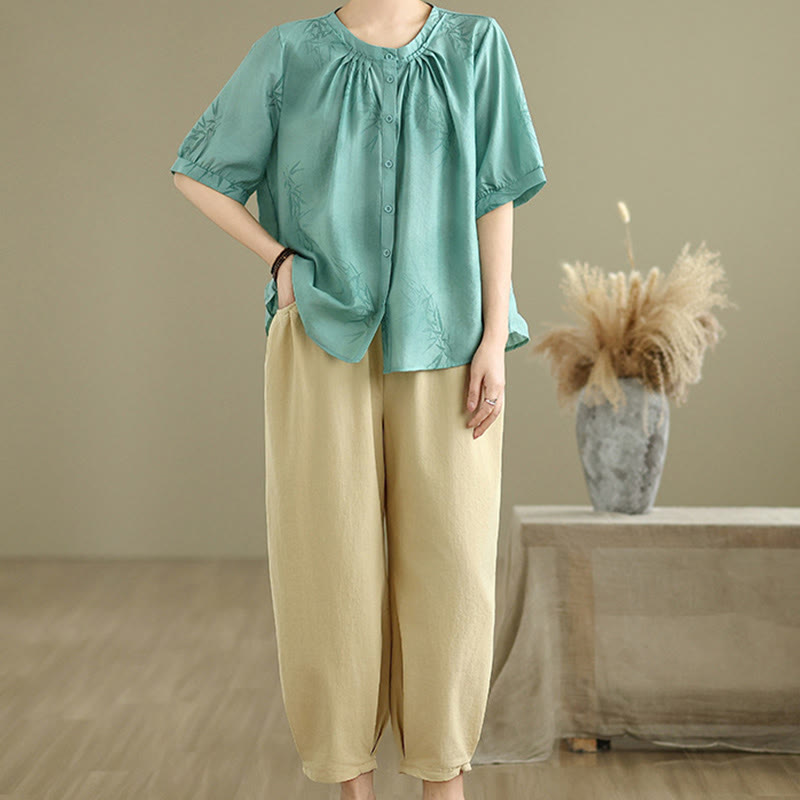 Ensemble 2 pièces décontracté pour femme, chemise à manches courtes, sarouel et vêtements de méditation, motif Buddha Stones - Turquoise moyen - US12，UK/AU16，EU44 (2XL) - image 1