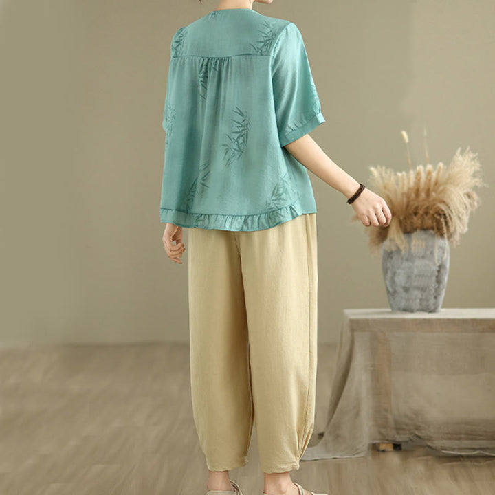 Ensemble 2 pièces décontracté pour femme, chemise à manches courtes, sarouel et vêtements de méditation, motif Buddha Stones - image 2
