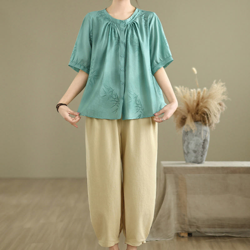Ensemble 2 pièces décontracté pour femme, chemise à manches courtes, sarouel et vêtements de méditation, motif Buddha Stones - image 3