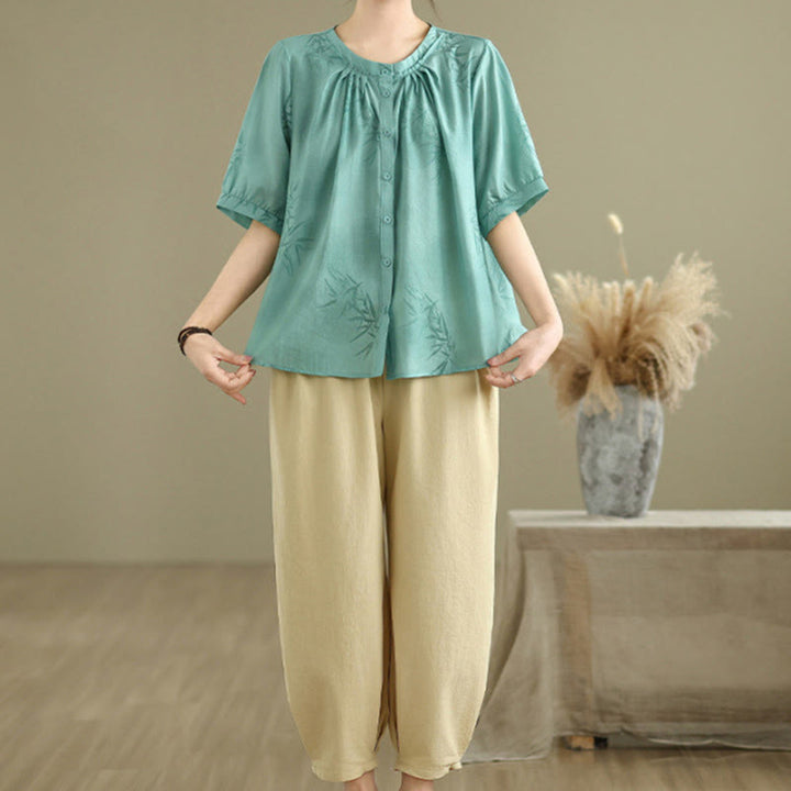 Ensemble 2 pièces décontracté pour femme, chemise à manches courtes, sarouel et vêtements de méditation, motif Buddha Stones - image 3