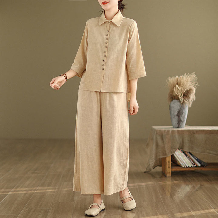 Ensemble 2 pièces décontracté pour femme, chemise à col montant et pantalon ample, Buddha Stones, vêtements de méditation - image 2