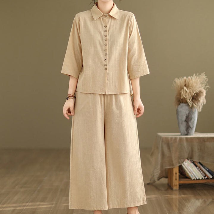 Ensemble 2 pièces décontracté pour femme, chemise à col montant et pantalon ample, Buddha Stones, vêtements de méditation - Blé - US12，UK/AU16，EU44 (2XL) - image 0