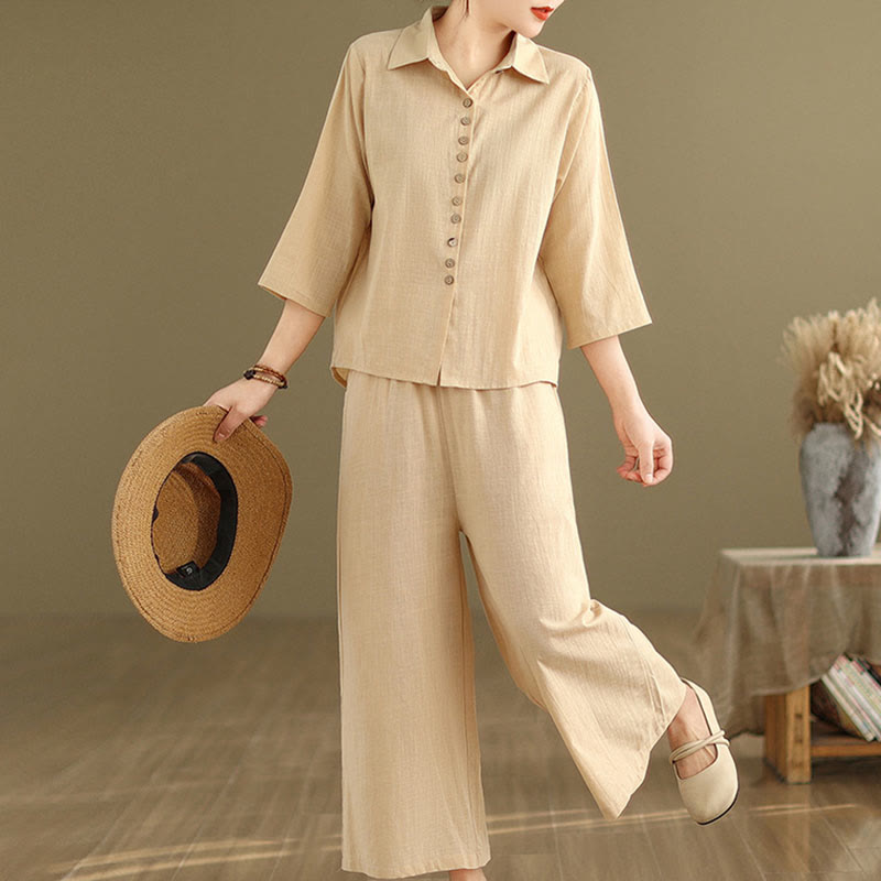 Ensemble 2 pièces décontracté pour femme, chemise à col montant et pantalon ample, Buddha Stones, vêtements de méditation - image 2