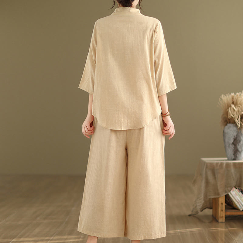 Ensemble 2 pièces décontracté pour femme, chemise à col montant et pantalon ample, Buddha Stones, vêtements de méditation - image 4