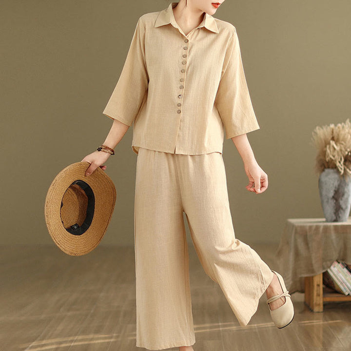 Ensemble 2 pièces décontracté pour femme, chemise à col montant et pantalon ample, Buddha Stones, vêtements de méditation - image 3