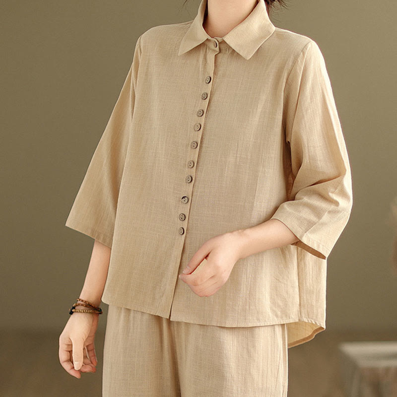 Ensemble 2 pièces décontracté pour femme, chemise à col montant et pantalon ample, Buddha Stones, vêtements de méditation - image 5