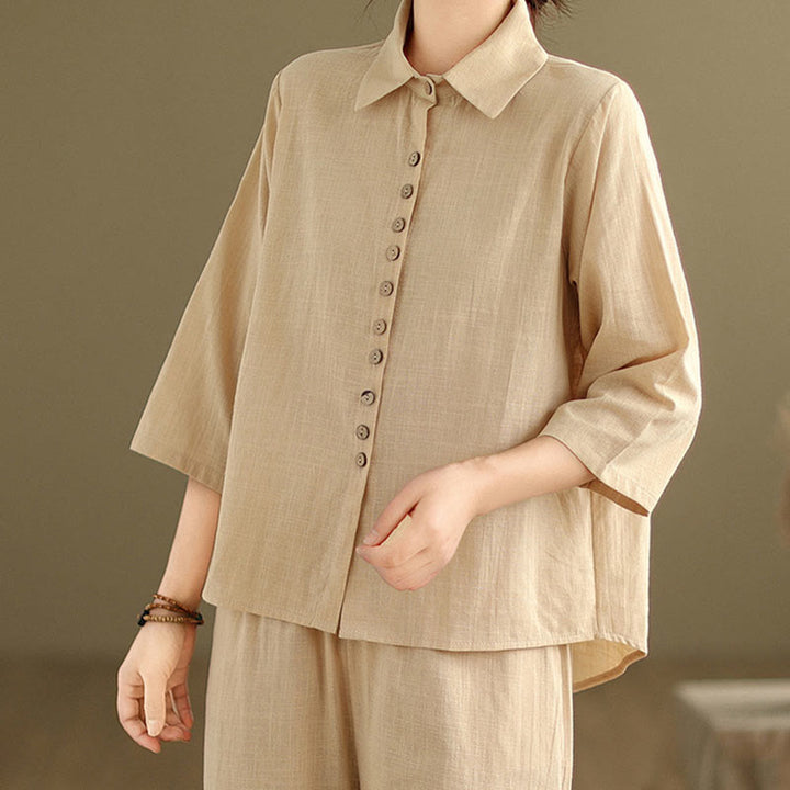 Ensemble 2 pièces décontracté pour femme, chemise à col montant et pantalon ample, Buddha Stones, vêtements de méditation - image 5