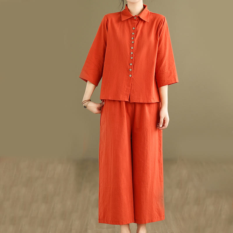 Ensemble 2 pièces décontracté pour femme, chemise à col montant et pantalon ample, Buddha Stones, vêtements de méditation - OrangeRouge - US12，UK/AU16，EU44 (2XL) - image 7