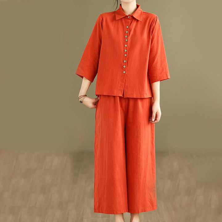 Ensemble 2 pièces décontracté pour femme, chemise à col montant et pantalon ample, Buddha Stones, vêtements de méditation - OrangeRouge - US12，UK/AU16，EU44 (2XL) - image 7