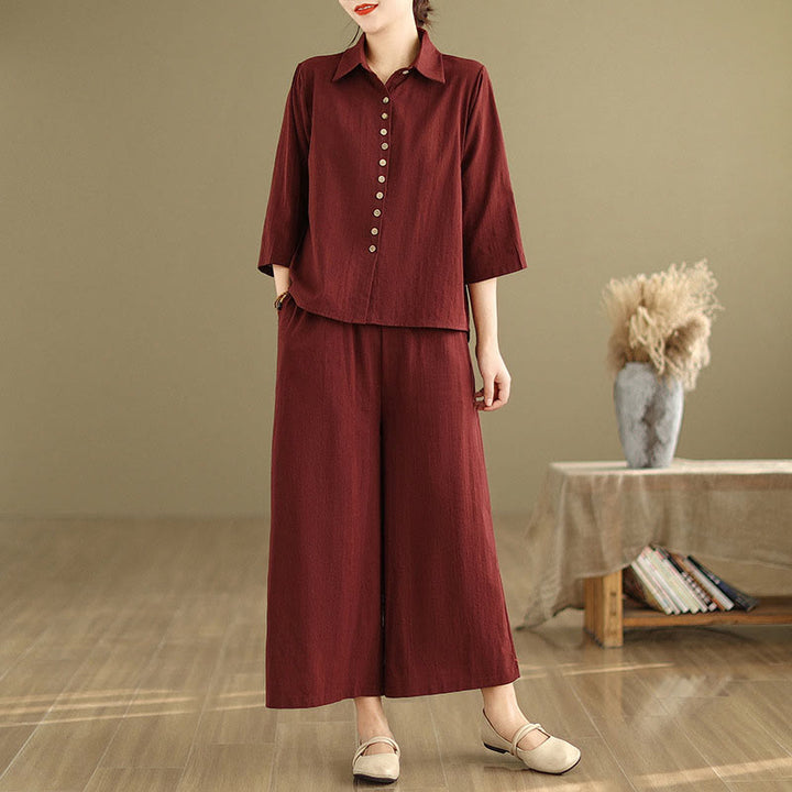 Ensemble 2 pièces décontracté pour femme, chemise à col montant et pantalon ample, Buddha Stones, vêtements de méditation - Bordeaux - US12，UK/AU16，EU44 (2XL) - image 22
