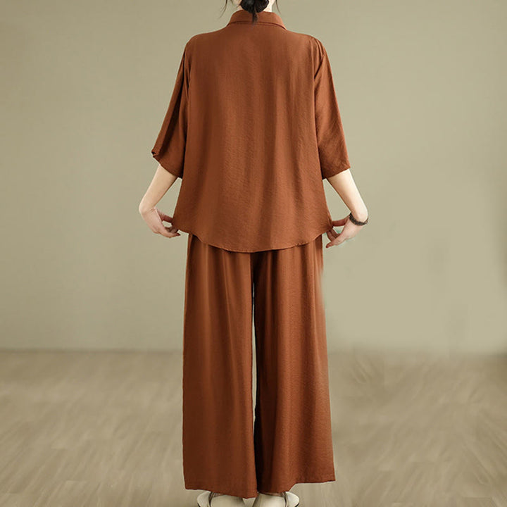 Ensemble 2 pièces décontracté pour femme, chemise à col montant et pantalon ample, Buddha Stones, vêtements de méditation - image 3