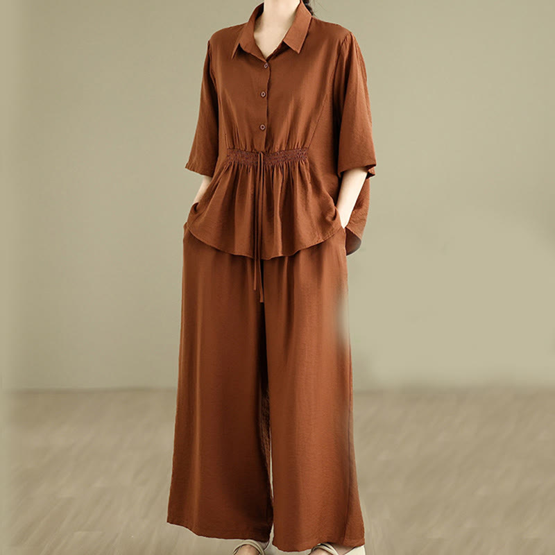 Ensemble 2 pièces décontracté pour femme, chemise à col montant et pantalon ample, Buddha Stones, vêtements de méditation - image 1