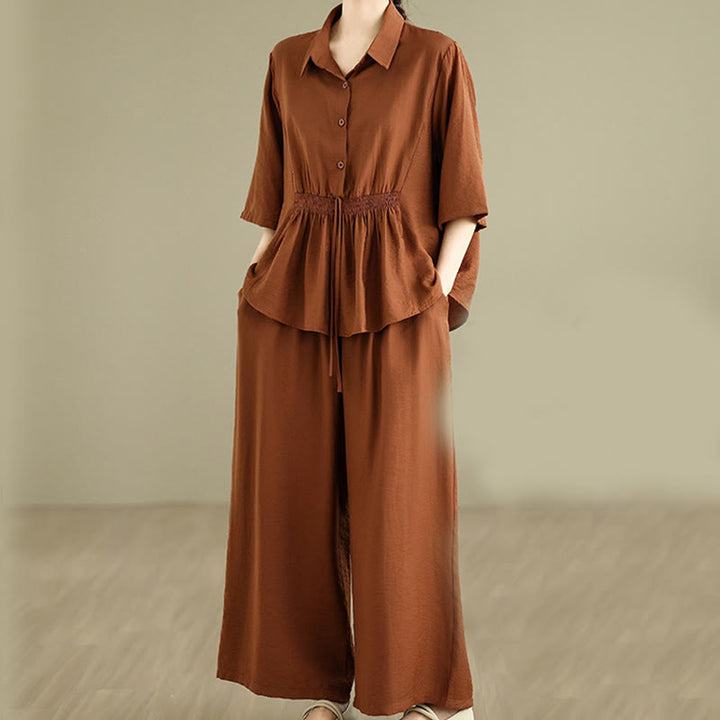 Ensemble 2 pièces décontracté pour femme, chemise à col montant et pantalon ample, Buddha Stones, vêtements de méditation - image 1