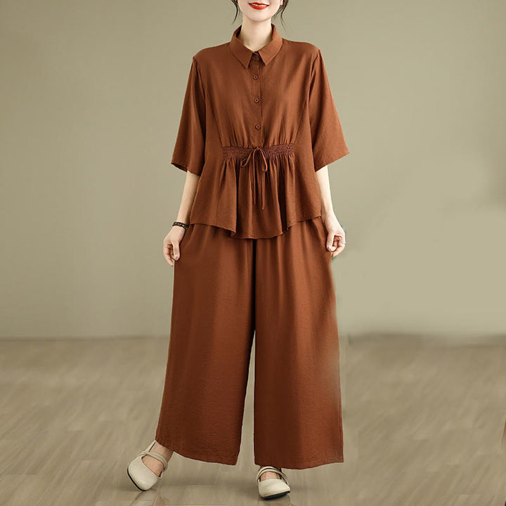 Ensemble 2 pièces décontracté pour femme, chemise à col montant et pantalon ample, Buddha Stones, vêtements de méditation - Terre de sienne - US12，UK/AU16，EU44 (2XL) - image 0